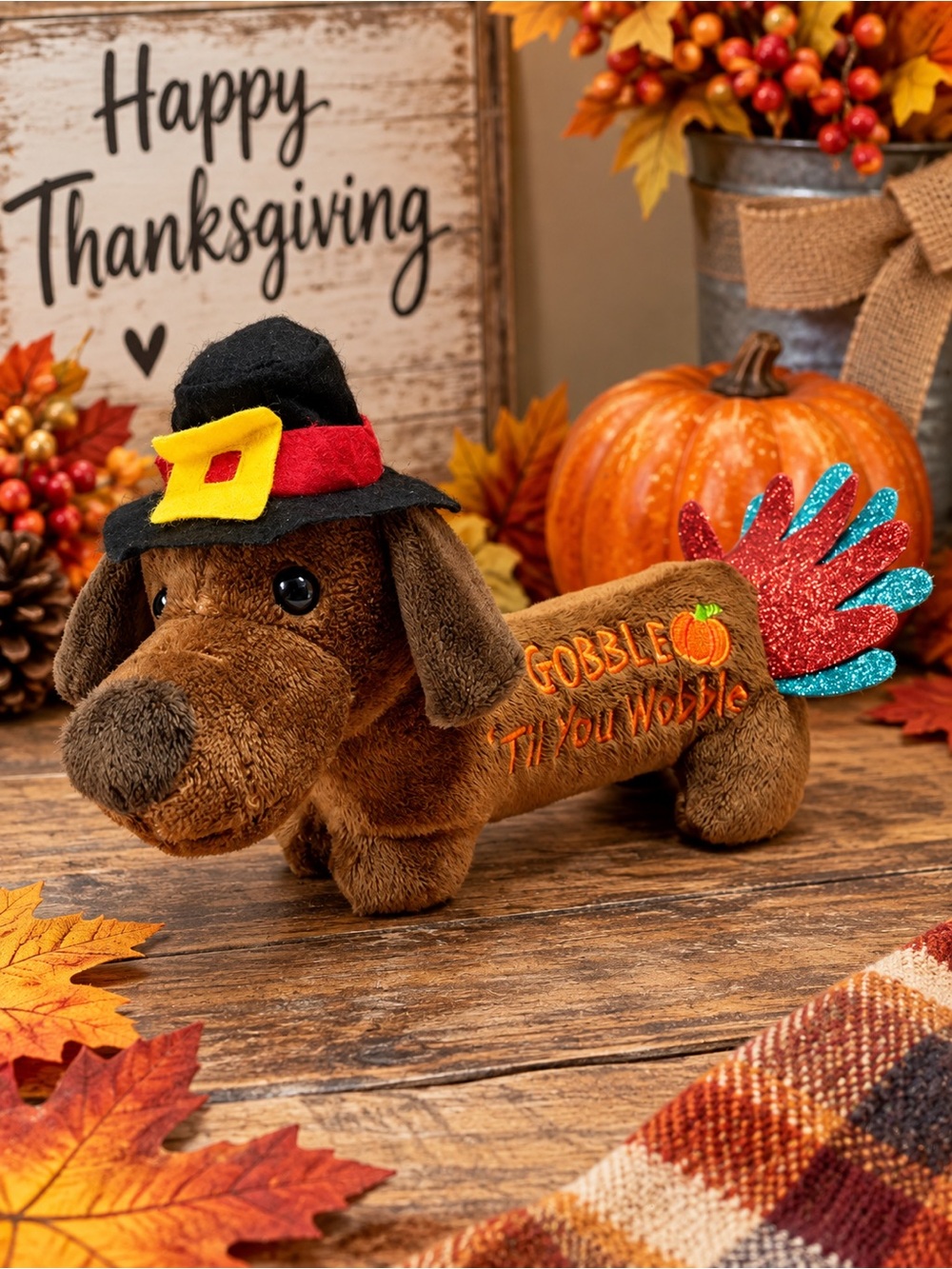 DanDee Collectors Thanksgiving Dachshund Wiener Dog Plush Pilgrim Turkey Gobble